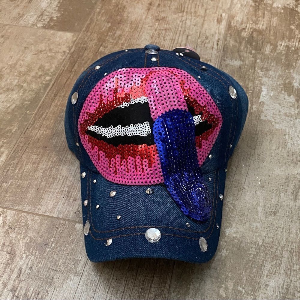 Lipstick Sequins & Rhinestone Denim Cap